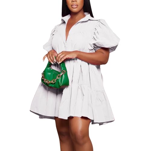 Sommerkleid Damen Große Größen Kurz Blusenkleid Elegant Tunika Kleid Plus Size Kleider Rüschen Mini Sommerkleider Leicht Und Luftig Strandkleid Für Mollige Frauen Puffärmel Hemdkleid A Linien von FUPODD