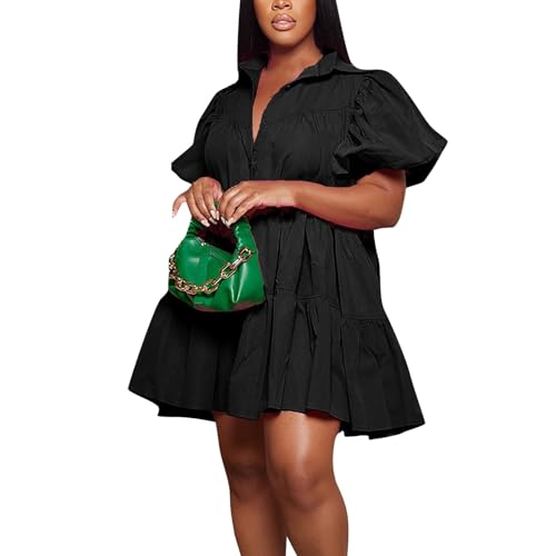 Sommerkleid Damen Große Größen Kurz Blusenkleid Elegant Tunika Kleid Plus Size Kleider Rüschen Mini Sommerkleider Leicht Und Luftig Strandkleid Für Mollige Frauen Puffärmel Hemdkleid A Linien von FUPODD
