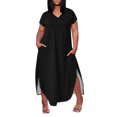 Sommerkleid Damen Große Größen Lang Kleider Für Mollige Frauen Tunika Kleid Mit Taschen Midikleid Mit Schlitz Sommerkleider Leicht Und Luftig Shirtkleid Kurzarm Lose Strandkleid V Ausschnitt von FUPODD