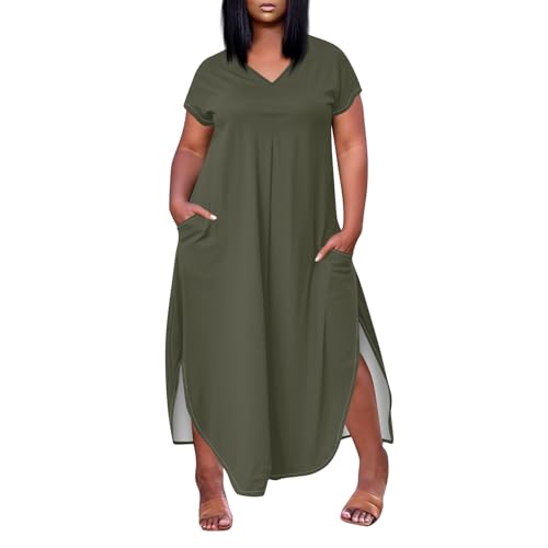 Sommerkleid Damen Große Größen Lang Kleider Für Mollige Frauen Tunika Kleid Mit Taschen Midikleid Mit Schlitz Sommerkleider Leicht Und Luftig Shirtkleid Kurzarm Lose Strandkleid V Ausschnitt von FUPODD