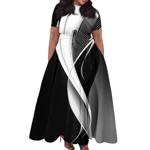 Sommerkleid Damen Große Größen Lang Kleider Hohe Taille Für Mollige Tunika Kleid Batik Plus Size Maxikleid Frauen Sommer Elegant Sommerkleider Leicht Und Luftig Abendkleider Binden A Linie von FUPODD