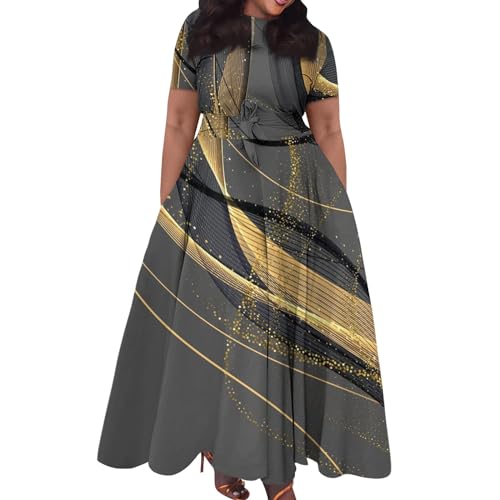 Sommerkleid Damen Große Größen Lang Kleider Hohe Taille Für Mollige Tunika Kleid Batik Plus Size Maxikleid Frauen Sommer Elegant Sommerkleider Leicht Und Luftig Abendkleider Binden A Linie von FUPODD