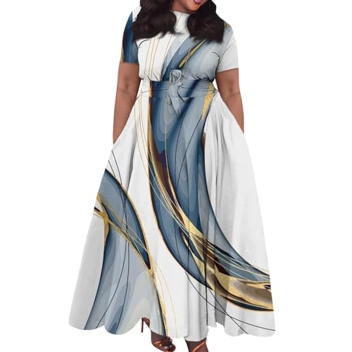 Sommerkleid Damen Große Größen Lang Kleider Hohe Taille Für Mollige Tunika Kleid Batik Plus Size Maxikleid Frauen Sommer Elegant Sommerkleider Leicht Und Luftig Abendkleider Binden A Linie von FUPODD