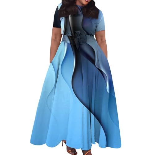 Sommerkleid Damen Große Größen Lang Kleider Hohe Taille Für Mollige Tunika Kleid Batik Plus Size Maxikleid Frauen Sommer Elegant Sommerkleider Leicht Und Luftig Abendkleider Binden A Linie von FUPODD