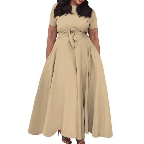 Sommerkleid Damen Große Größen Lang Kleider Hohe Taille für Mollige Frauen Maxikleid Sommer Elegant A Linie Sommerkleider Leicht und Luftig Tunika Kleid Plus Size Freizeitkleider mit Gürtel von FUPODD