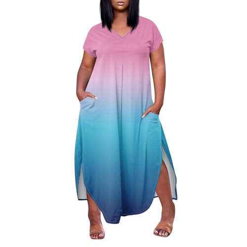 Sommerkleid Damen Große Größen Midikleid Plus Size Tunika Kleid Mit Taschen Gerader Schnitt Mollig Breit Einfarbig Hawaii Big Size Sommerkleider Leicht Shirtkleid Freizeit Lockeres Schwangere von FUPODD