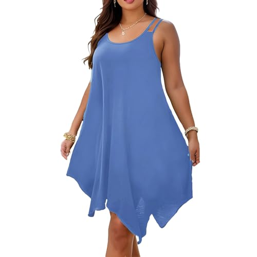 Sommerkleid Damen Große Größen Trägerkleid Knielang A Linie Unregelmäßiger Sommerkleider Leicht Und Luftig Strandkleid Für Mollige Frauen Locker Kleider Sommer Elegant Kleid Grosse Grössen von FUPODD