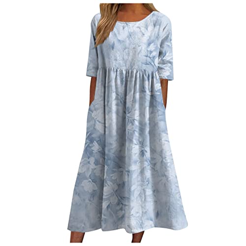 Sommerkleid Damen Italienische Kleider Damen Blumen Vintage Sommerkleider A Linie Midi Kleider Elegant Strandkleid Frauen Wadenlang Luftige Leichte Weit Kleid Elegante Damenkleider Kurzarm von FUPODD