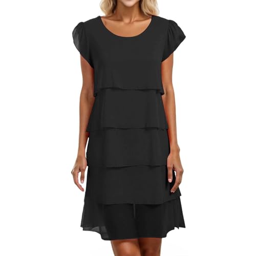 Sommerkleid Damen Knielang A Linie Chiffon Festliche Kleider Damen Sommer Elegant Stufenkleid Festlich Kleid Mit Ärmel Damenkleider Kurz Chiffonkleid Frauen Sommerkleider Leicht Und Luftig von FUPODD