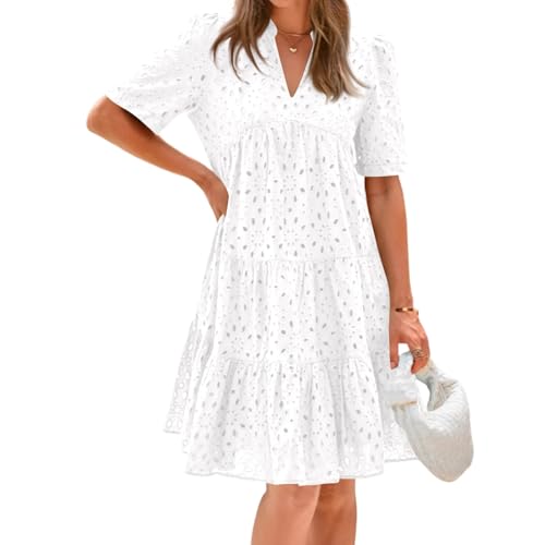 Sommerkleid Damen Knielang A Linie Kleider Sommer Elegant Lochstickerei Kleid Frauen Mit Ösen Strandkleid Häkel Spitze Sommerkleider Leicht Und Luftig Damenkleid V Ausschnitt Freizeitkleid von FUPODD