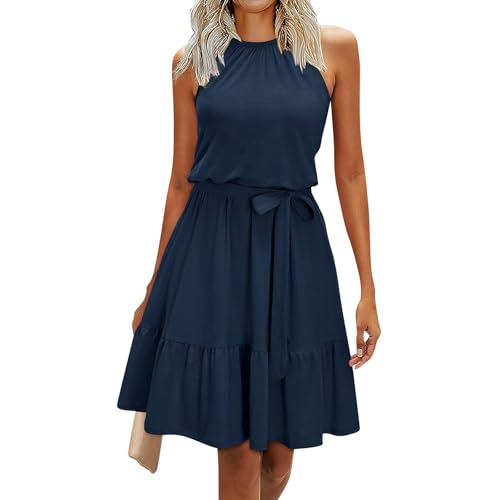 Sommerkleid Damen Knielang A Linie Rüschen Kleider Sommer Elegant Neckholder Kleid Casual Strandkleid Schick Sommerkleider Frauen Leicht Und Luftig Ärmellos Damenkleider Elegante mit Gürtel von FUPODD