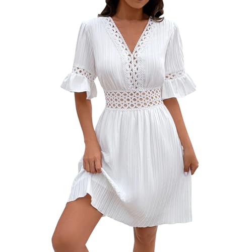 Sommerkleid Damen Knielang A Linien Strandkleid Kurzarm Rüschen Elegant Sommerkleider Leicht Luftig Musselin Kleid Spitze Häkel Spitze Kleider Frauen Casual Plissee Damenkleider V Ausschnitt von FUPODD