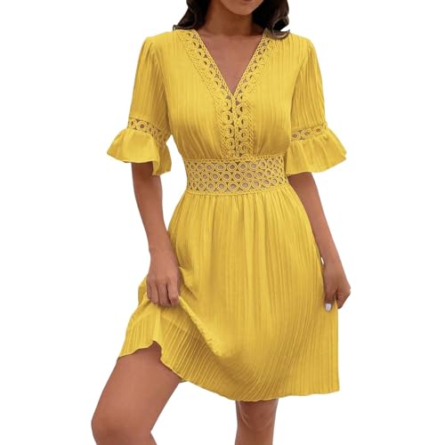 Sommerkleid Damen Knielang A Linien Strandkleid Kurzarm Rüschen Elegant Sommerkleider Leicht Luftig Musselin Kleid Spitze Häkel Spitze Kleider Frauen Casual Plissee Damenkleider V Ausschnitt von FUPODD