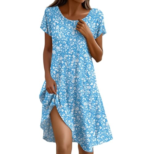 Sommerkleid Damen Knielang Casual Kleider Sommer Boho Tunika Kleid A Linien Elegant Strandkleid Kurzarm Sommerkleider Frauen Leicht Und Luftig Freizeitkleid Locker Schick Damenkleider Luftige von FUPODD