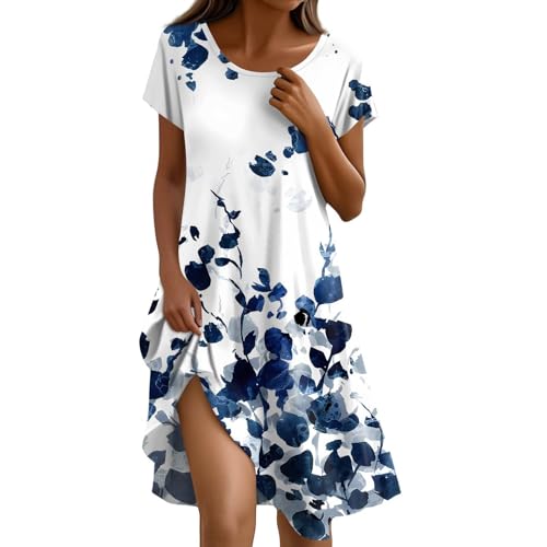 Sommerkleid Damen Knielang Casual Kleider Sommer Boho Tunika Kleid A Linien Elegant Strandkleid Kurzarm Sommerkleider Frauen Leicht Und Luftig Freizeitkleid Locker Schick Damenkleider Luftige von FUPODD