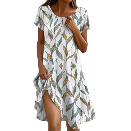 Sommerkleid Damen Knielang Casual Kleider Sommer Boho Tunika Kleid A Linien Elegant Strandkleid Kurzarm Sommerkleider Frauen Leicht Und Luftig Freizeitkleid Locker Schick Damenkleider Luftige von FUPODD