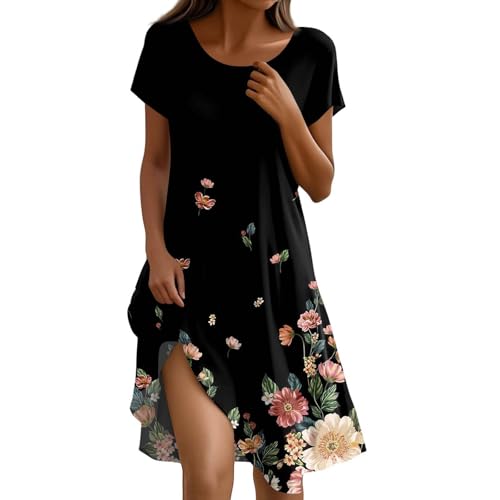 Sommerkleid Damen Knielang Casual Kleider Sommer Boho Tunika Kleid A Linien Elegant Strandkleid Kurzarm Sommerkleider Frauen Leicht Und Luftig Freizeitkleid Locker Schick Damenkleider Luftige von FUPODD