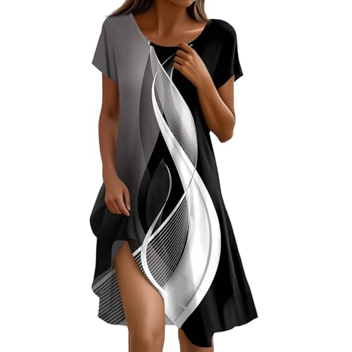 Sommerkleid Damen Knielang Casual Kleider Sommer Boho Tunika Kleid A Linien Elegant Strandkleid Kurzarm Sommerkleider Frauen Leicht Und Luftig Freizeitkleid Locker Schick Damenkleider Luftige von FUPODD