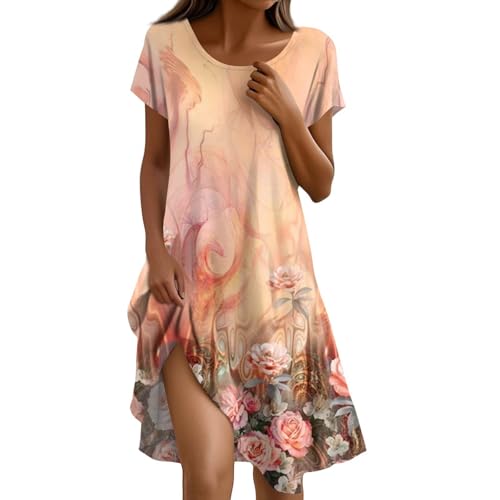 Sommerkleid Damen Knielang Casual Kleider Sommer Boho Tunika Kleid A Linien Elegant Strandkleid Kurzarm Sommerkleider Frauen Leicht Und Luftig Freizeitkleid Locker Schick Damenkleider Luftige von FUPODD