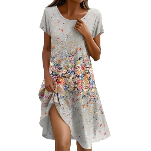 Sommerkleid Damen Knielang Casual Kleider Sommer Boho Tunika Kleid A Linien Elegant Strandkleid Kurzarm Sommerkleider Frauen Leicht Und Luftig Freizeitkleid Locker Schick Damenkleider Luftige von FUPODD