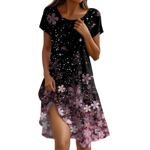 Sommerkleid Damen Knielang Casual Kleider Sommer Boho Tunika Kleid A Linien Elegant Strandkleid Kurzarm Sommerkleider Frauen Leicht Und Luftig Freizeitkleid Locker Schick Damenkleider Luftige von FUPODD