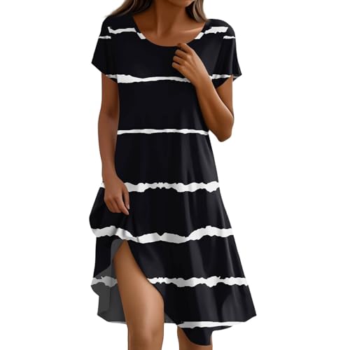 Sommerkleid Damen Knielang Casual Kleider Sommer Boho Tunika Kleid A Linien Elegant Strandkleid Kurzarm Sommerkleider Frauen Leicht Und Luftig Freizeitkleid Locker Schick Damenkleider Luftige von FUPODD