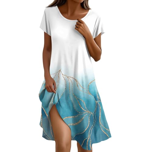 Sommerkleid Damen Knielang Casual Kleider Sommer Boho Tunika Kleid A Linien Elegant Strandkleid Kurzarm Sommerkleider Frauen Leicht Und Luftig Freizeitkleid Locker Schick Damenkleider Luftige von FUPODD