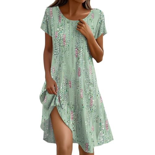 Sommerkleid Damen Knielang Casual Kleider Sommer Boho Tunika Kleid A Linien Elegant Strandkleid Luftige Freizeitkleid Locker Schick Damenkleider Kurzarm Sommerkleider Frauen Leicht Und Luftig von FUPODD
