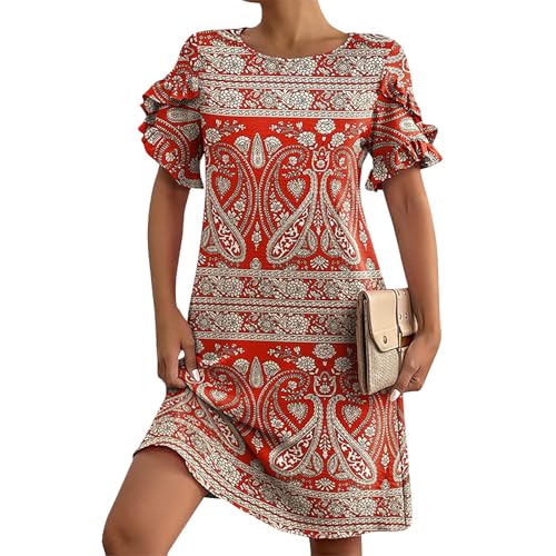 Sommerkleid Damen Knielang Elegant A Linie Kleider Damen Sommer Kurzarm Rüschen Musselin Kleid Mit Taschen Freizeit Sommerkleider Frauen Leichte Luftig Strandkleid Lose Damenkleider Rundhals von FUPODD