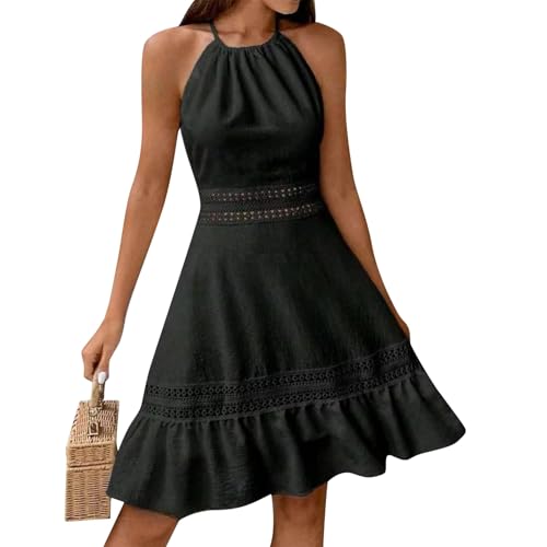 Sommerkleid Damen Knielang Elegant A Linie Neckholder Kleid Rückenfrei Mit Schnürung Sommerkleider Leicht Luftig Strandkleid Rüschen Kurzes Freizeitkleider Sommer Kleider Frauen Häkel Spitze von FUPODD