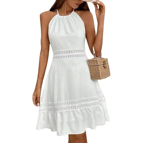 Sommerkleid Damen Knielang Elegant A Linie Neckholder Kleid Rückenfrei Mit Schnürung Sommerkleider Leicht Luftig Strandkleid Rüschen Kurzes Freizeitkleider Sommer Kleider Frauen Häkel Spitze von FUPODD