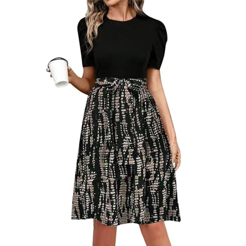 Sommerkleid Damen Knielang Elegant Kleider Sommer A Linie Hohe Taille Mit Gürtel Kleid Kurzarm Sommerkleider Frauen Leicht Und Luftig Freizeitkleider Patchwork Blumenkleid Schick Strandkleid von FUPODD