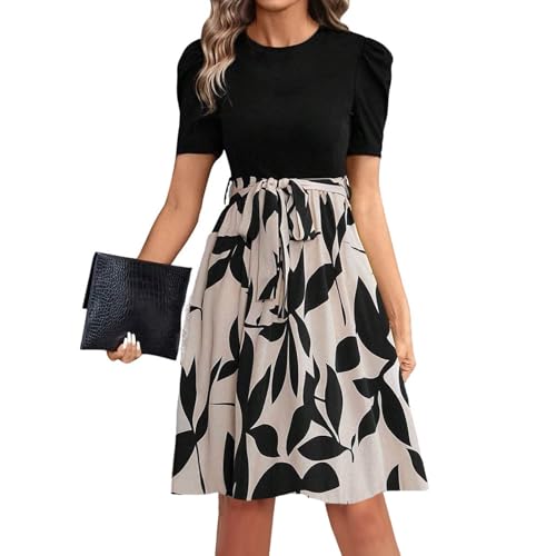 Sommerkleid Damen Knielang Elegant Kleider Sommer A Linie Hohe Taille Mit Gürtel Kleid Kurzarm Sommerkleider Frauen Leicht Und Luftig Freizeitkleider Patchwork Blumenkleid Schick Strandkleid von FUPODD