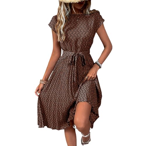 Sommerkleid Damen Knielang Elegant Plissee Kleider Mit Gürtel Sommerkleider Damen Leicht Und Luftig Damenkleider Frauen Sommer Kleid Geblümt Strandkleid Schwingen Freizeitkleider Plisseekleid von FUPODD