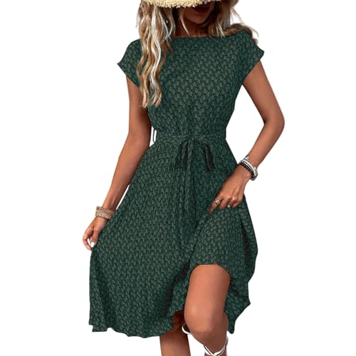 Sommerkleid Damen Knielang Elegant Plissee Kleider Mit Gürtel Sommerkleider Damen Leicht Und Luftig Damenkleider Frauen Sommer Kleid Geblümt Strandkleid Schwingen Freizeitkleider Plisseekleid von FUPODD