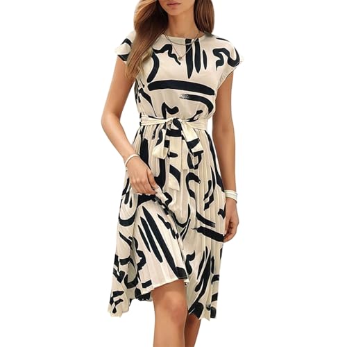 Sommerkleid Damen Knielang Elegant Plissee Kleider Mit Gürtel Sommerkleider Damen Leicht Und Luftig Damenkleider Frauen Sommer Kleid Geblümt Strandkleid Schwingen Freizeitkleider Plisseekleid von FUPODD