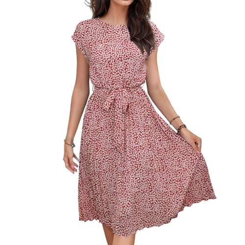 Sommerkleid Damen Knielang Elegant Plissee Kleider Mit Gürtel Sommerkleider Damen Leicht Und Luftig Damenkleider Frauen Sommer Kleid Geblümt Strandkleid Schwingen Freizeitkleider Plisseekleid von FUPODD