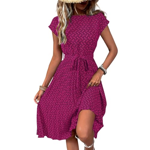 Sommerkleid Damen Knielang Elegant Plissee Kleider Mit Gürtel Sommerkleider Damen Leicht Und Luftig Damenkleider Frauen Sommer Kleid Geblümt Strandkleid Schwingen Freizeitkleider Plisseekleid von FUPODD