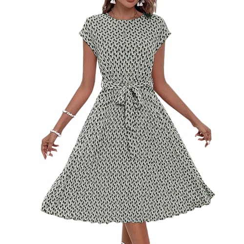 Sommerkleid Damen Knielang Elegant Plissee Kleider Mit Gürtel Sommerkleider Damen Leicht Und Luftig Damenkleider Frauen Sommer Kleid Geblümt Strandkleid Schwingen Freizeitkleider Plisseekleid von FUPODD