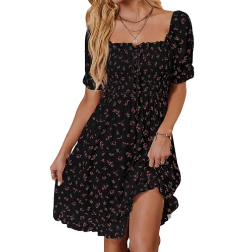 Sommerkleid Damen Knielang Geblümt Gesmoktes Kleid Italienische Kleider Elegant Skaterkleid Rückenfrei Sommer A Linie Sommerkleider Leicht Und Luftig Quadratischer Kragen Blumenkleid Kurzarm von FUPODD