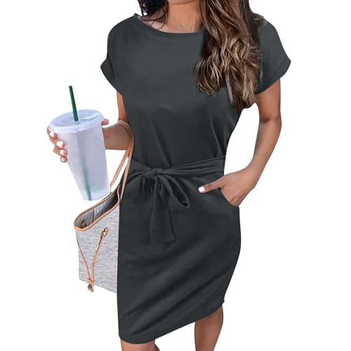 Sommerkleid Damen Knielang Kleid Elegant Mit Gürtel Einfarbig Sommerkleider Leicht Und Luftig Elegante Kleider Frauen Kurzarm Tailliert Damenkleider Mit Taschen Shirtkleid Casual Strandkleid von FUPODD