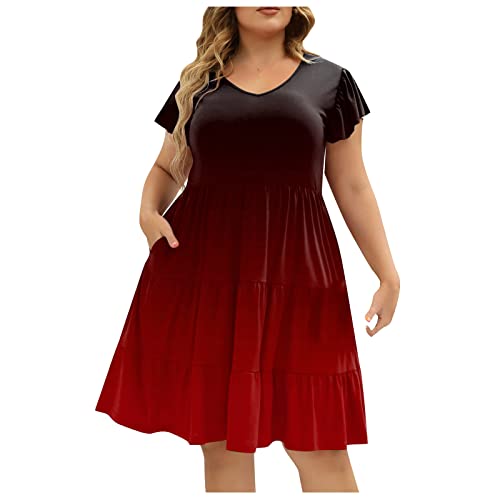 Sommerkleid Damen Knielang Kleid Große Größen Kleider Sommer Mit Taschen Plus Size Sommerkleider Leicht Und Luftig Grosse Grössen Strandkleid Für Mollige Frauen A Linie Rüschen Flatterärmel von FUPODD