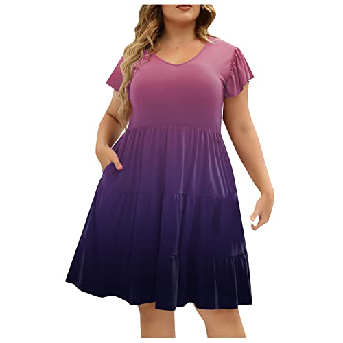 Sommerkleid Damen Knielang Kleid Große Größen Kleider Sommer Mit Taschen Plus Size Sommerkleider Leicht Und Luftig Grosse Grössen Strandkleid Für Mollige Frauen A Linie Rüschen Flatterärmel von FUPODD