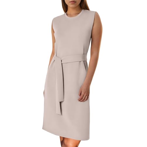 Sommerkleid Damen Knielang Lässig Ärmellos Business Kleid Damen mit Gürtel Gerader Schnitt Sommerkleider Damen Leicht Und Luftig Rundhals Kleider Damen Einfarbig Elegant Abendkleid Damen Schick von FUPODD