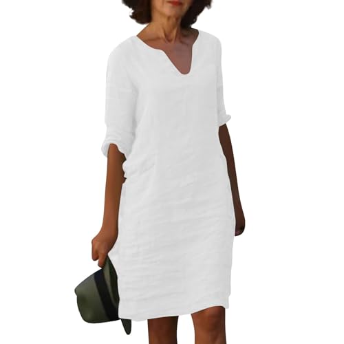 Sommerkleid Damen Knielang Mit Ärmel Blusenkleid Sommer Elegant V Ausschnitt Sommerkleider Damen Leicht Luftig Kleid Frauen Einfarbig Sommer Boho Strandkleid Halbarm Damenkleider Mit Taschen von FUPODD