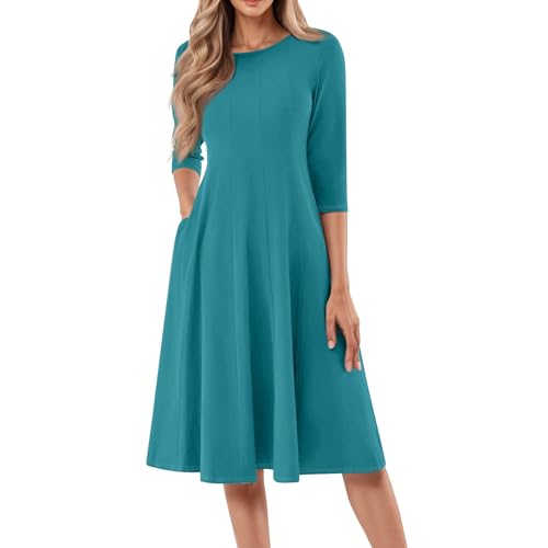 Sommerkleid Damen Knielang Mit Ärmel Kleider Sommer Elegant A Linie Sommerkleid Frauen Schlichtes Freizeitkleider Mode Plissee Kleid Mit Taschen Sommerkleider Leicht Luftig Midikleid Rundhals von FUPODD