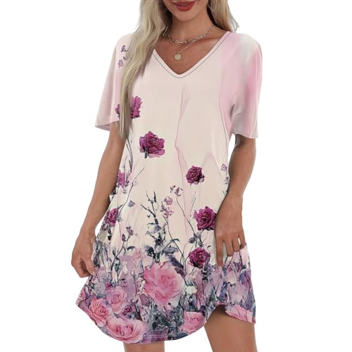 Sommerkleid Damen Knielang Tshirt Kleid Mit Ärmel Strandkleid Damen Luftig Einfarbig Shirtkleid Leichtes Dünne Sundress Rundhals Damenkleider Sommer Geblümtes Blusenkleid Luftiges A-Linien von FUPODD