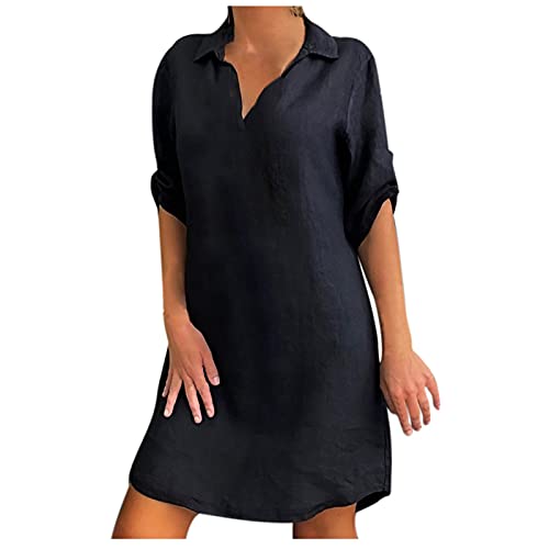 Sommerkleid Damen Knielang Tunika Kleid Elegant Blusenkleid mit Ärmeln Kleider Sommer mit Taschen Strandkleid Frauen Locker Einfarbig Sommerkleider Leicht Luftig Casual Hemdkleid mit Knöpfen von FUPODD