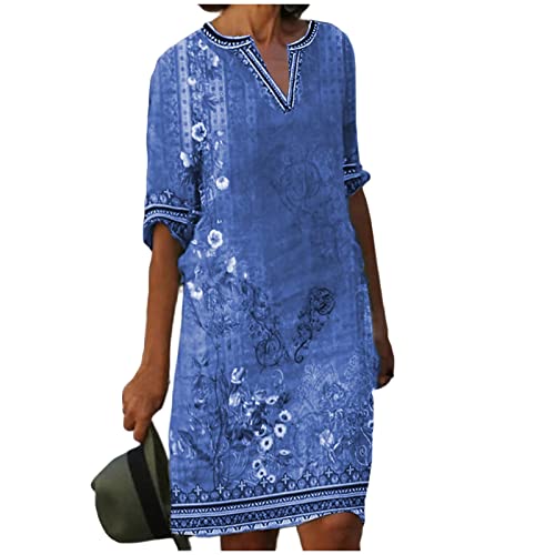 Sommerkleid Damen Knielang Tunika Kleid Sommer Elegant V Ausschnitt Casual Sommerkleider Damen Leicht Und Luftig Boho Strandkleid Halbarm Damenkleider Frauen A Linie Locker Kleider Vintage von FUPODD