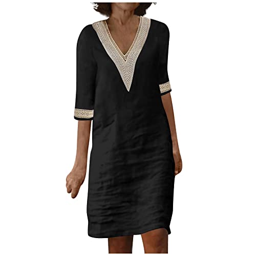 Sommerkleid Damen Knielang Tunika Kleid Sommer Elegant V Ausschnitt Casual Sommerkleider Damen Leicht Und Luftig Boho Strandkleid Halbarm Damenkleider Frauen A Linie Locker Kleider Vintage von FUPODD